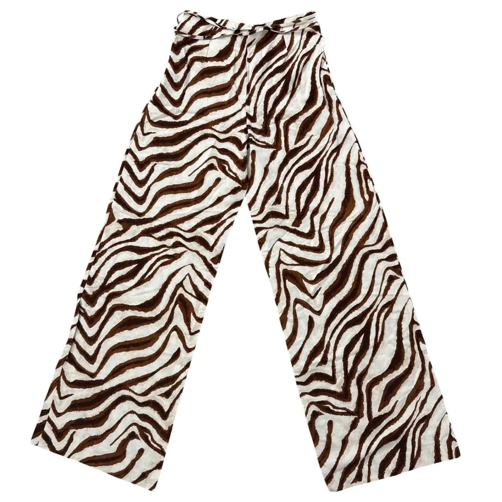Zara Brown Zebra Print Wide Leg Pants NWT High Rise Linen XS 3067/501 Blogger